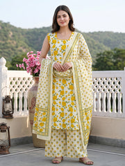 Yellow And White Pure Cotton Straight Regular Kurta Set