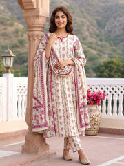 Mauve And Cream Pure Cotton A-line Regular Kurta Set