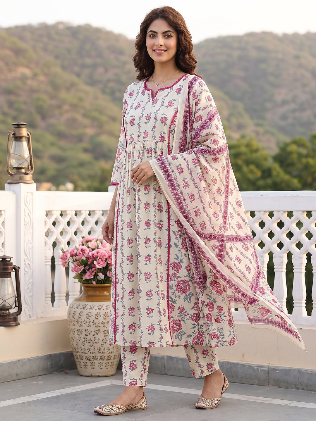 Mauve And Cream Pure Cotton A-line Regular Kurta Set