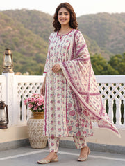 Mauve And Cream Pure Cotton A-line Regular Kurta Set