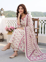 Mauve And Cream Pure Cotton A-line Regular Kurta Set
