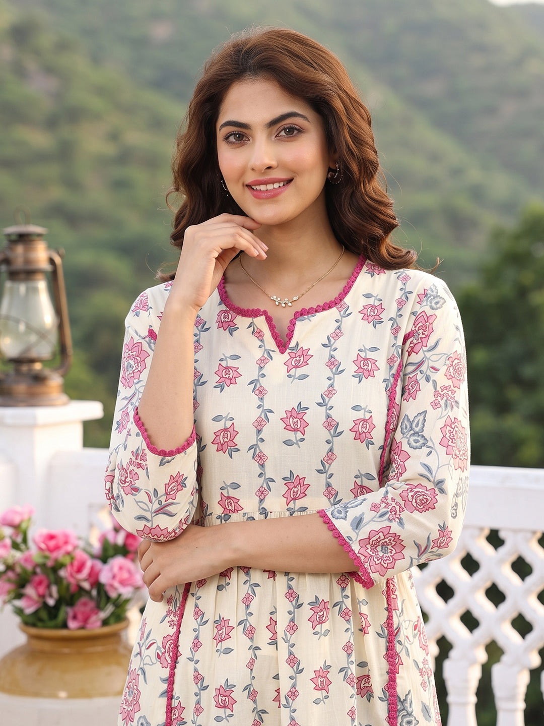 Mauve And Cream Pure Cotton A-line Regular Kurta Set