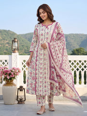 Mauve And Cream Pure Cotton A-line Regular Kurta Set