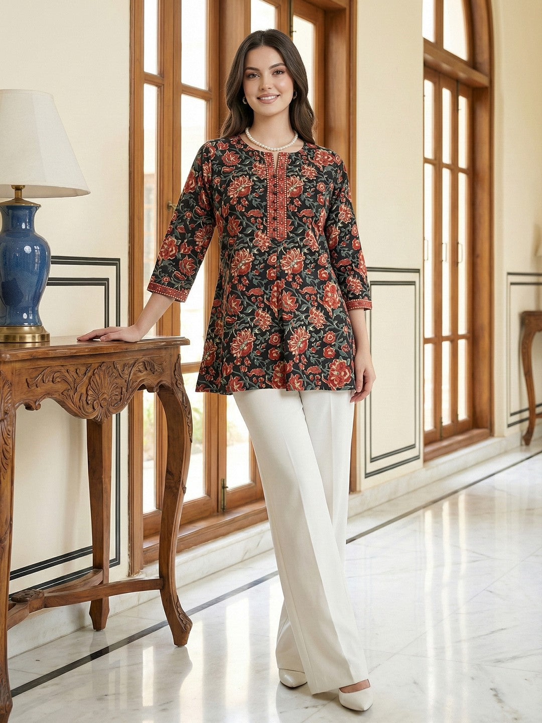 Jaitpuriya Black And Red Pure Cotton Peplum Regular Top