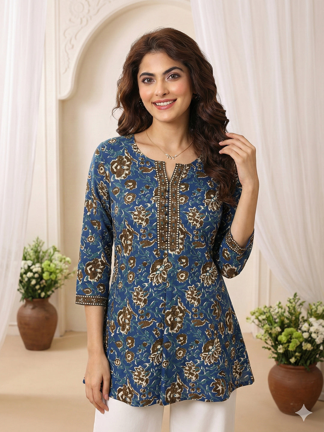 Jaitpuriya Blue And Browon Pure Cotton Peplum Regular Top