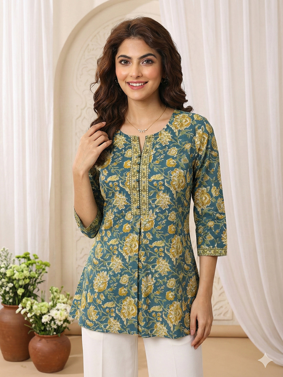 Jaitpuriya Teal And musterd Pure Cotton Peplum Regular Top