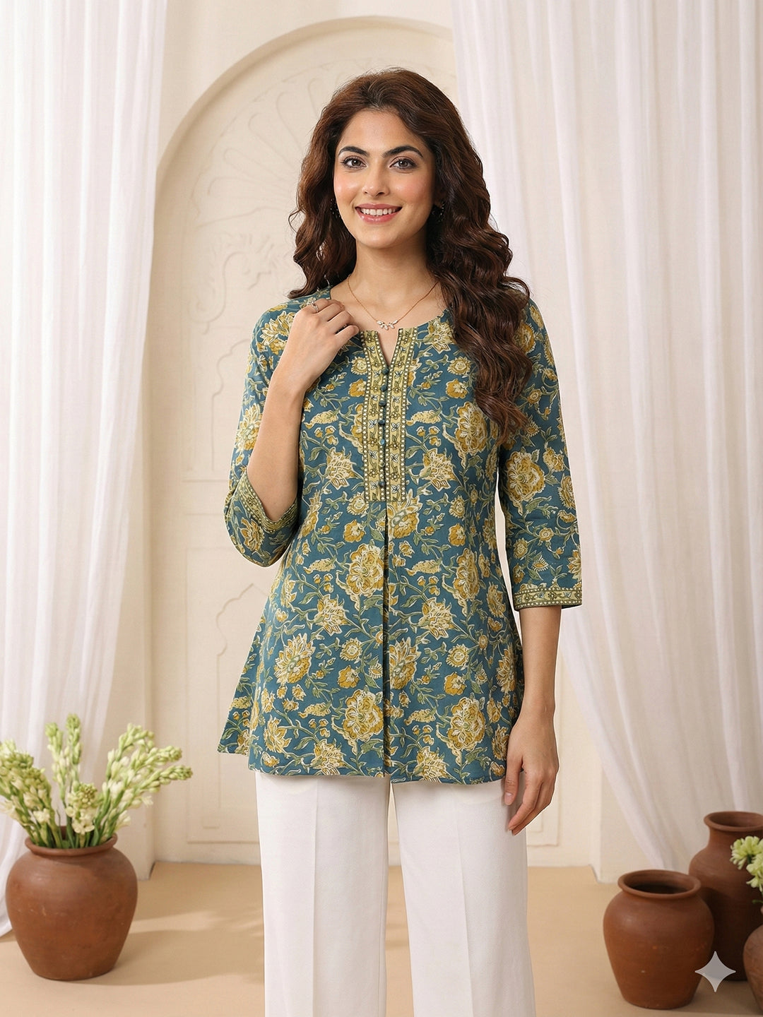 Jaitpuriya Teal And musterd Pure Cotton Peplum Regular Top