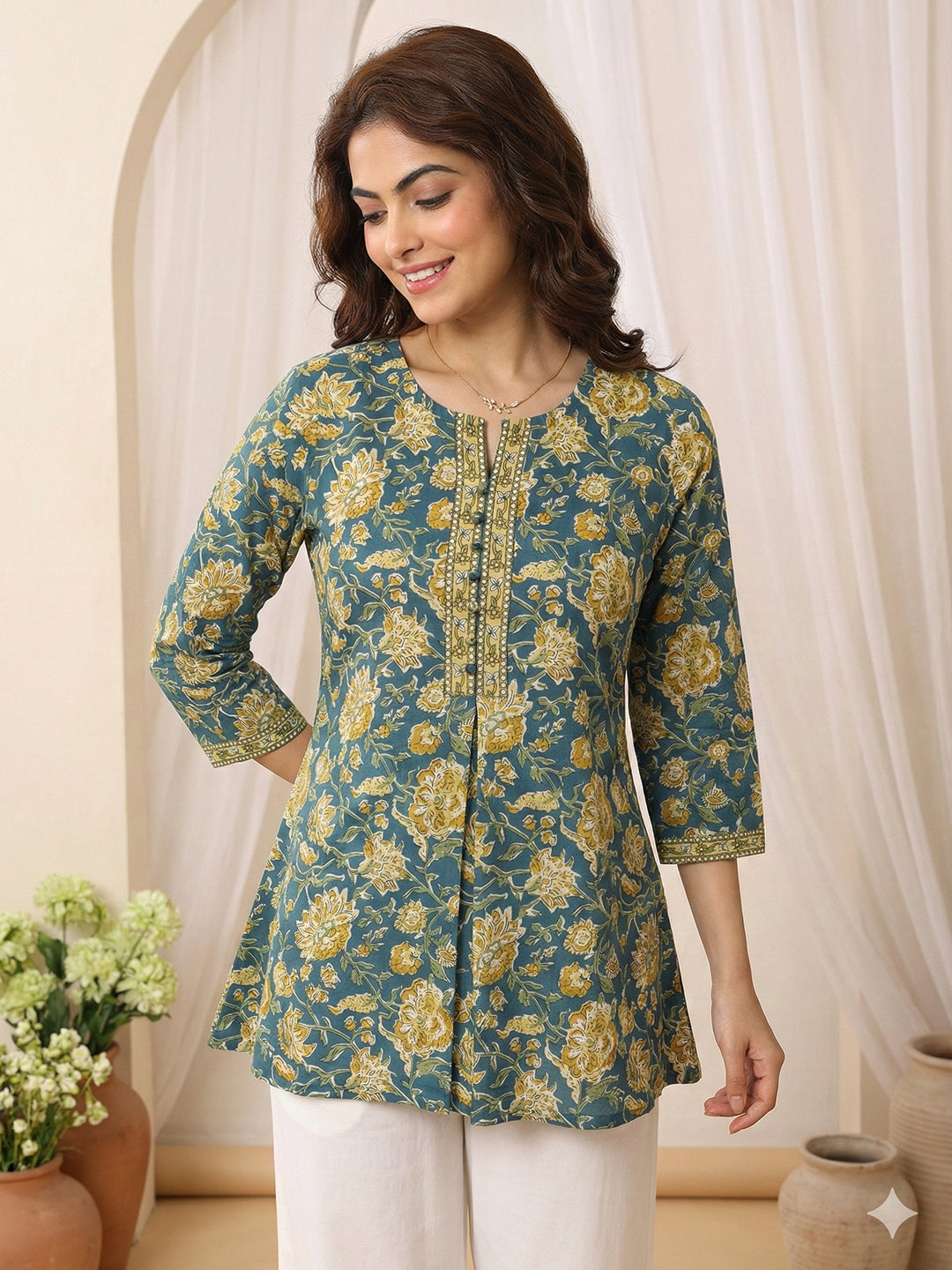 Jaitpuriya Teal And musterd Pure Cotton Peplum Regular Top