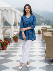 Jaitpuriya Blue Pure Cotton Peplum Gathered or Pleated Top