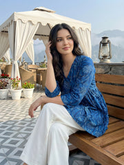 Jaitpuriya Blue Pure Cotton Peplum Gathered or Pleated Top
