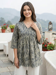 Jaitpuriya Grey Pure Cotton Peplum Gathered or Pleated Top