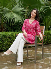 Jaitpuriya Pink Pure Cotton Peplum Gathered or Pleated Top