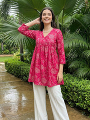 Jaitpuriya Pink Pure Cotton Peplum Gathered or Pleated Top