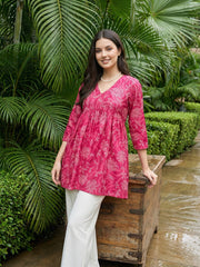 Jaitpuriya Pink Pure Cotton Peplum Gathered or Pleated Top