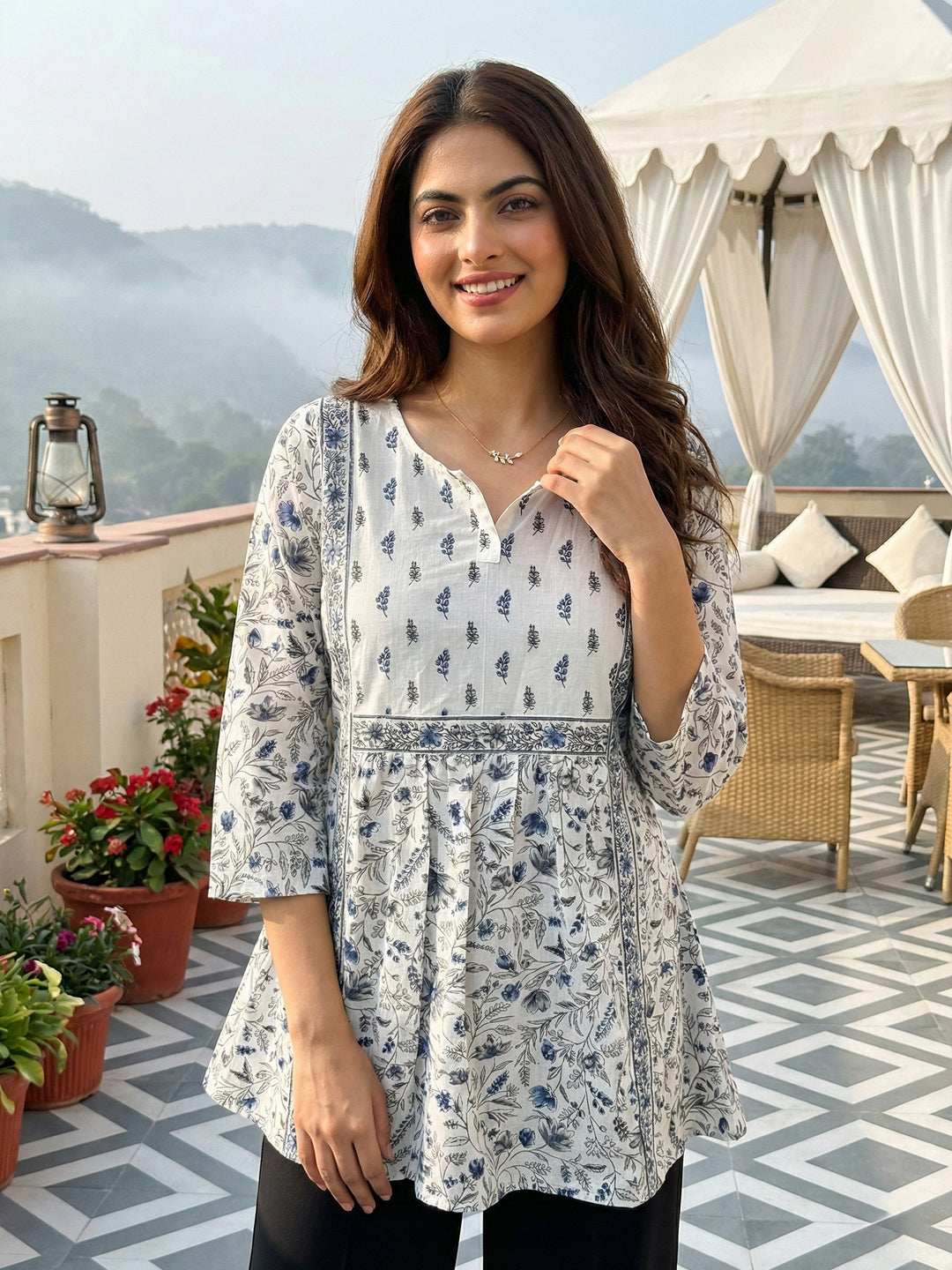 Jaitpuriya Pink And White Pure Cotton Peplum Gathered or Pleated Top