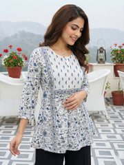Jaitpuriya Pink And White Pure Cotton Peplum Gathered or Pleated Top