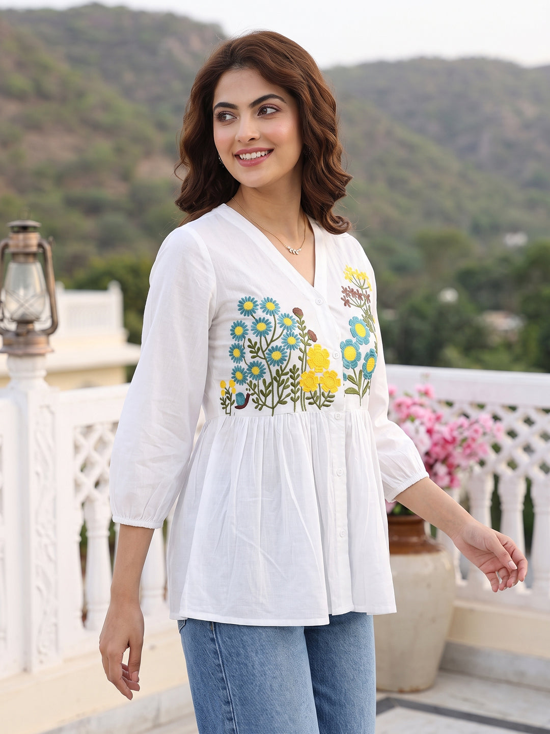 white Pure Cotton Peplum Gathered or Pleated Tierd Tops