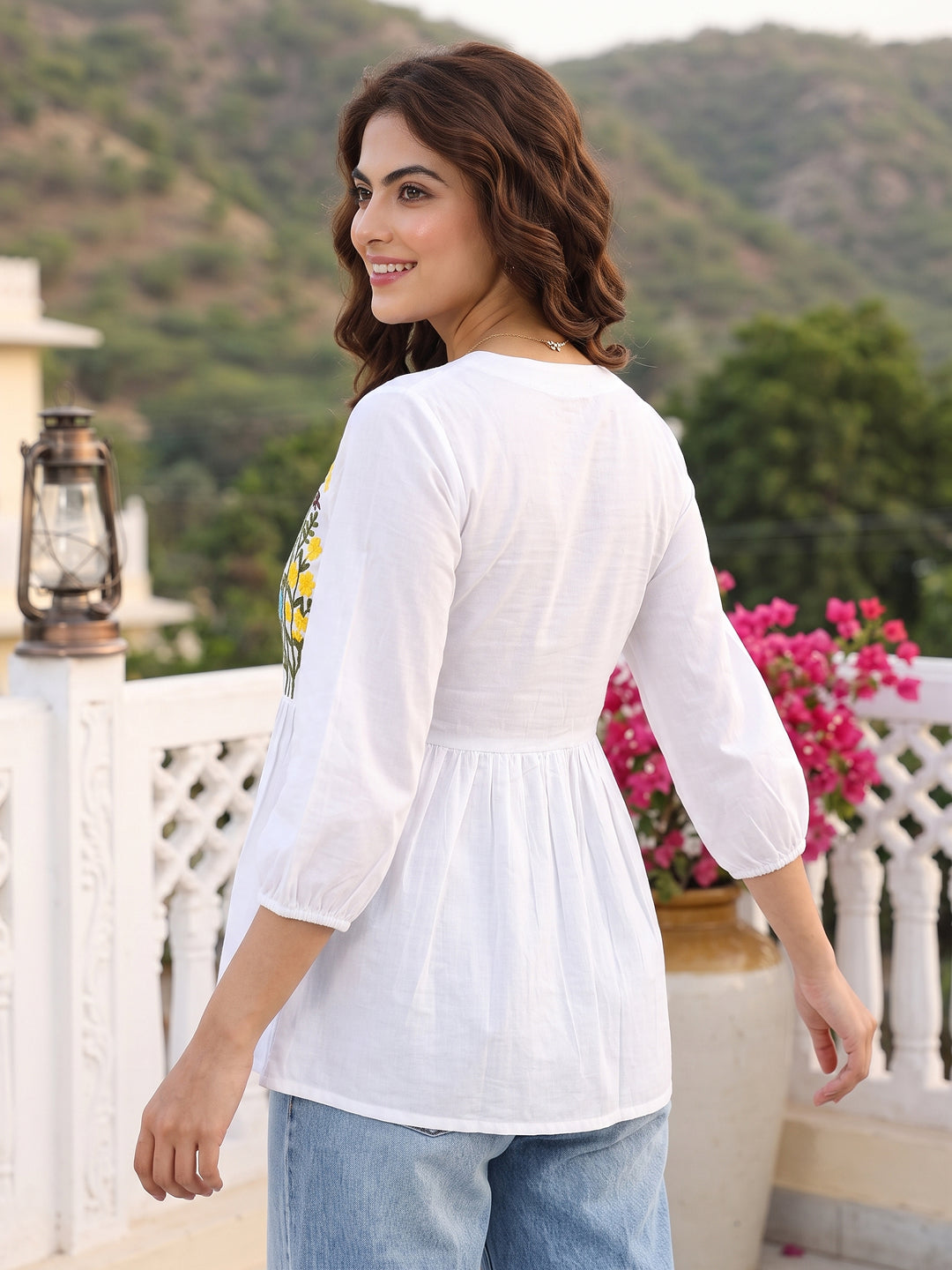 white Pure Cotton Peplum Gathered or Pleated Tierd Tops