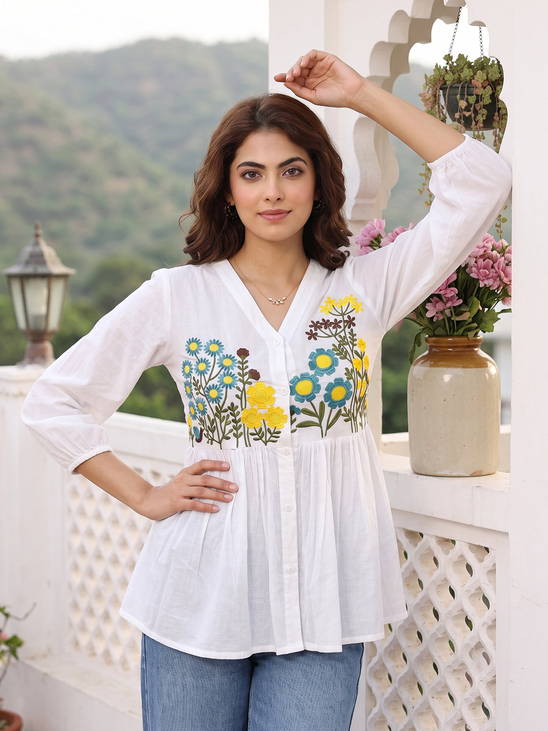 white Pure Cotton Peplum Gathered or Pleated Tierd Tops