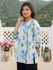 Blue And White Pure Cotton Peplum Regular Tops