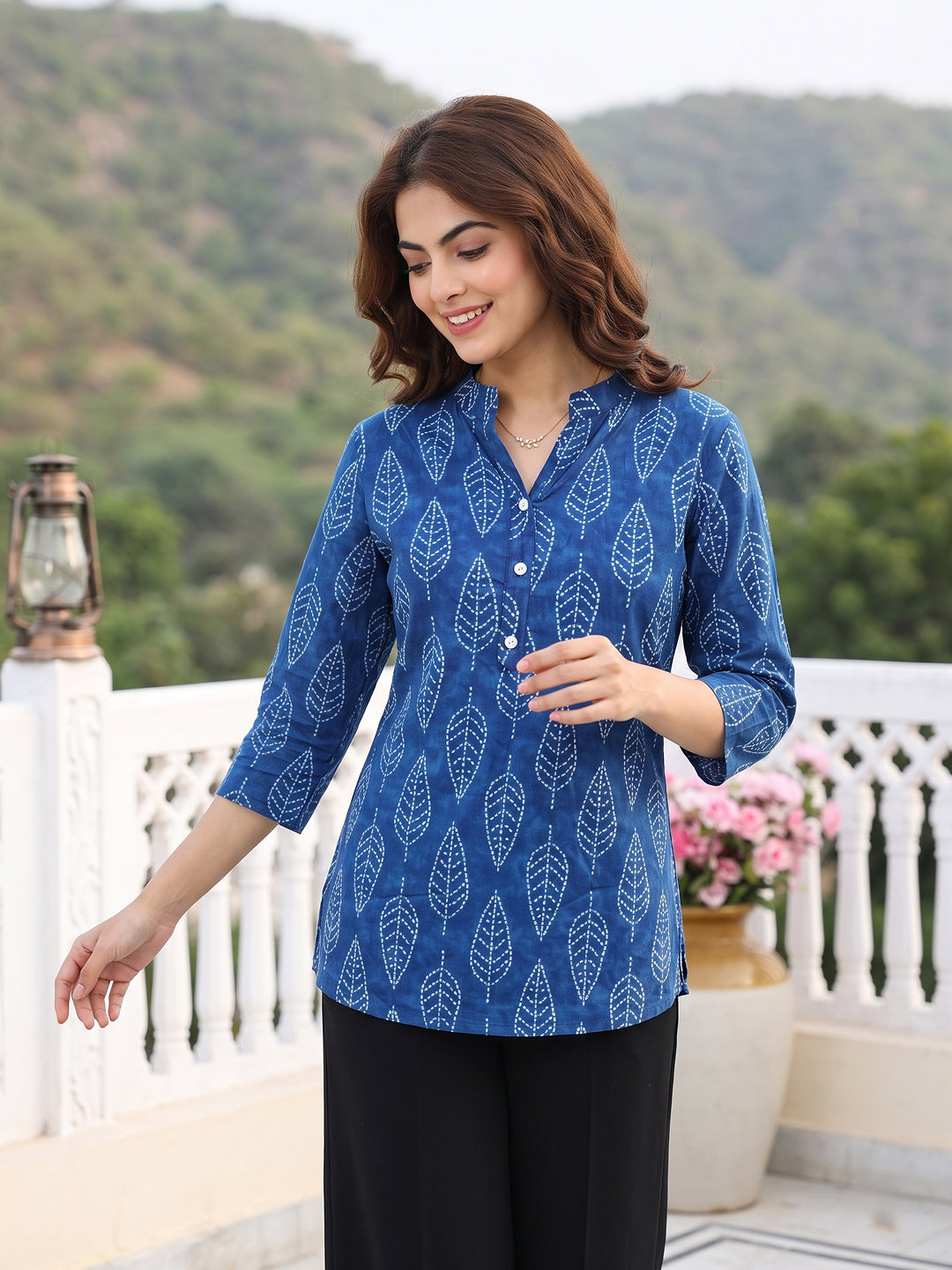 Blue Pure Cotton Peplum Regular Tops