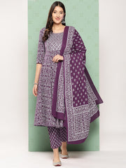 Jaitpuriya Women Purple Floral Anarkali Kurta Pant and Dupatta Set