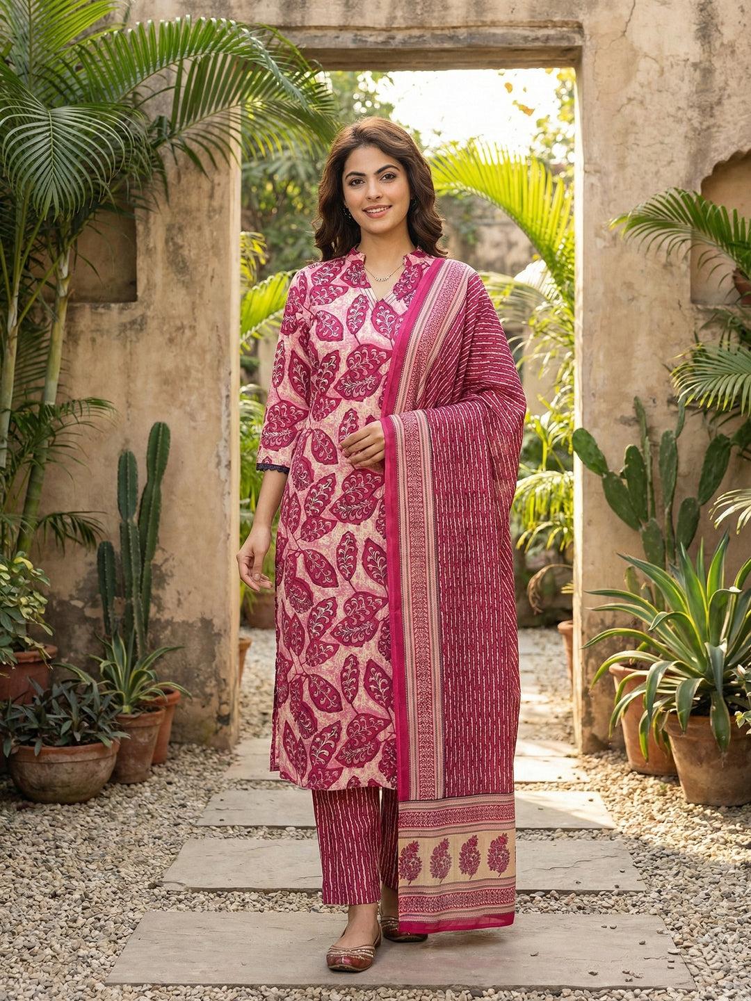 Jaitpuriya Pink Pure Cotton Straight Regular Kurta Set