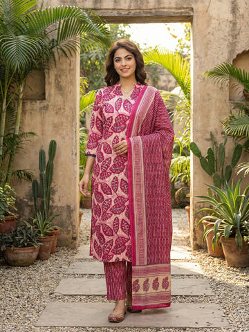 Jaitpuriya Pink Pure Cotton Straight Regular Kurta Set