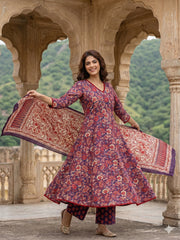 Jaitpuriya Purple And Red Pure Cotton A-line Regular Kurta Set