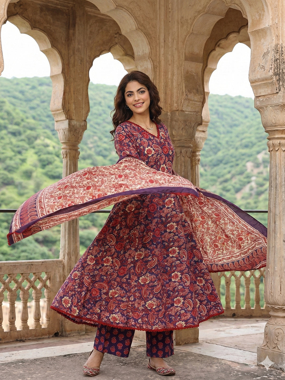 Jaitpuriya Purple And Red Pure Cotton A-line Regular Kurta Set