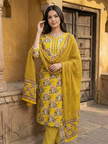 Jaitpuriya Yellow And White Pure Cotton Straight Regular Kurta Set