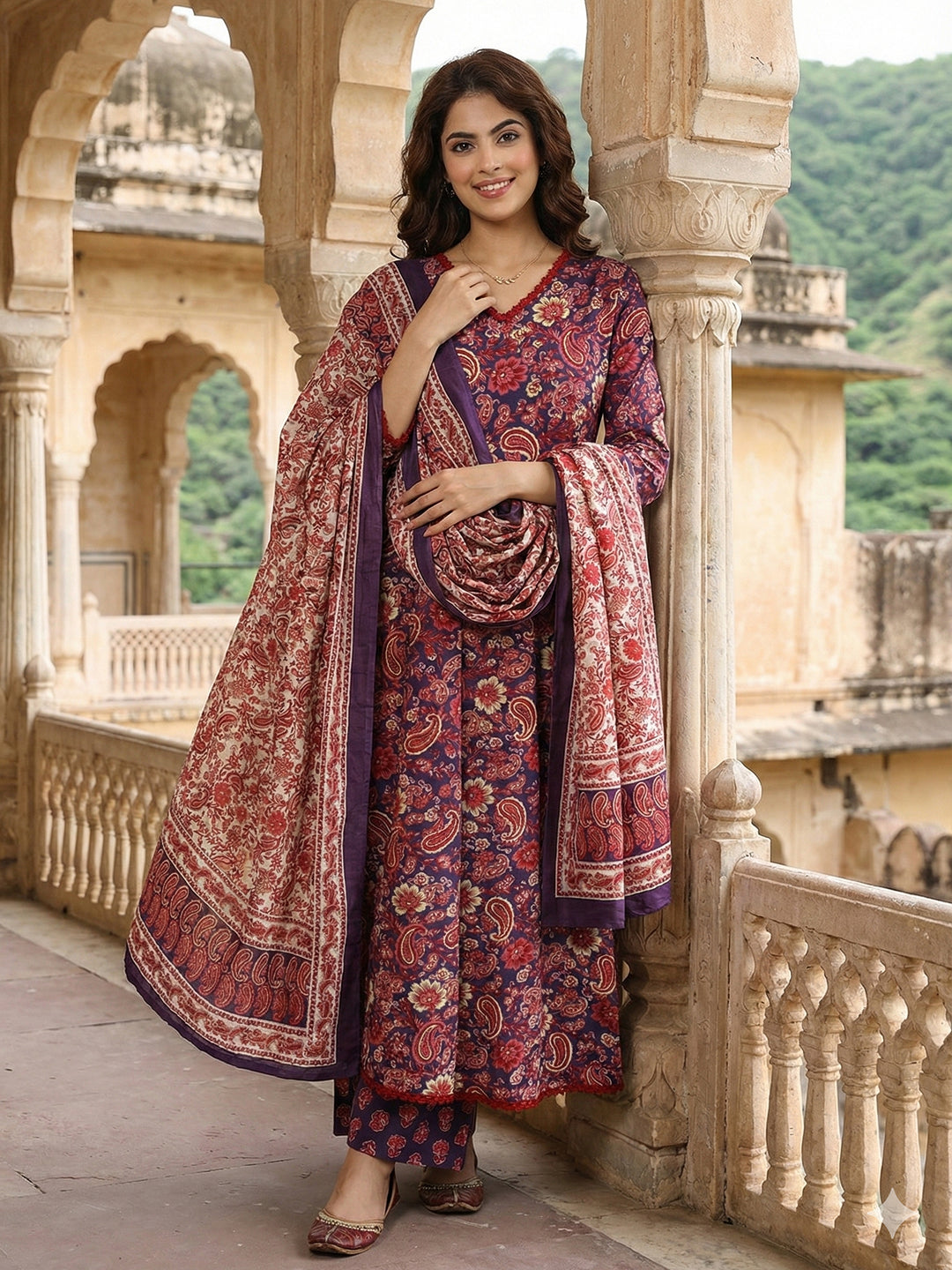 Jaitpuriya Purple And Red Pure Cotton A-line Regular Kurta Set