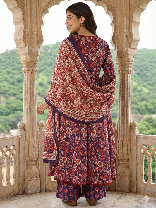 Jaitpuriya Purple And Red Pure Cotton A-line Regular Kurta Set