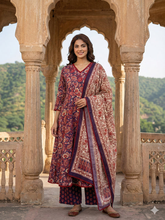 Jaitpuriya Purple And Red Pure Cotton A-line Regular Kurta Set