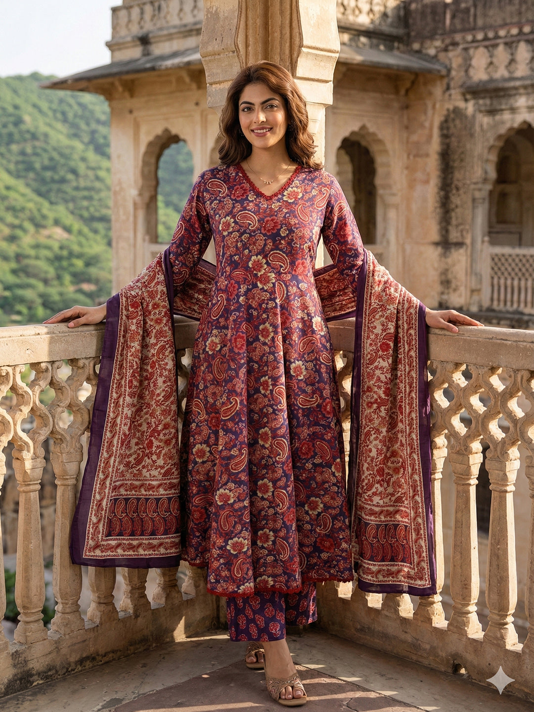 Jaitpuriya Purple And Red Pure Cotton A-line Regular Kurta Set