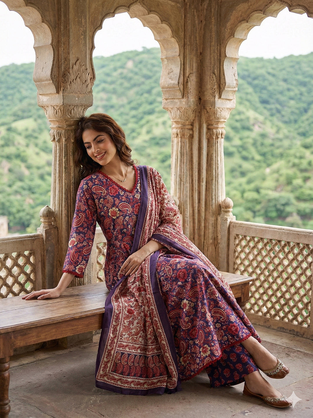 Jaitpuriya Purple And Red Pure Cotton A-line Regular Kurta Set