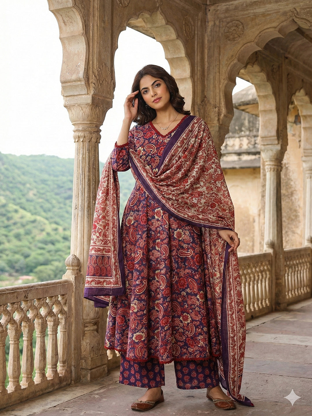 Jaitpuriya Purple And Red Pure Cotton A-line Regular Kurta Set