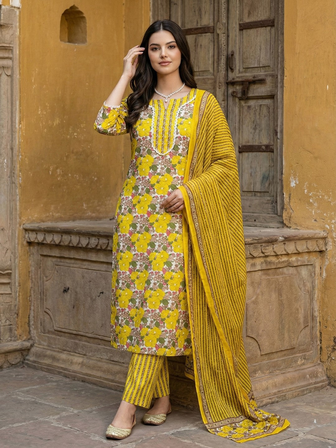 Jaitpuriya Yellow And White Pure Cotton Straight Regular Kurta Set