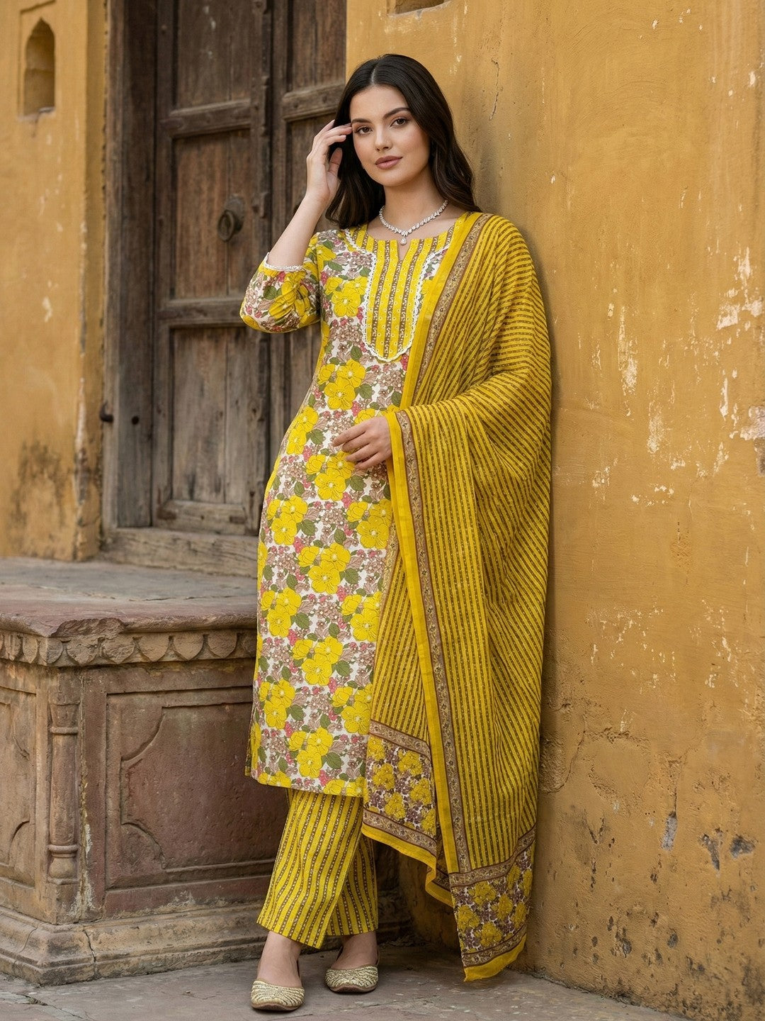 Jaitpuriya Yellow And White Pure Cotton Straight Regular Kurta Set