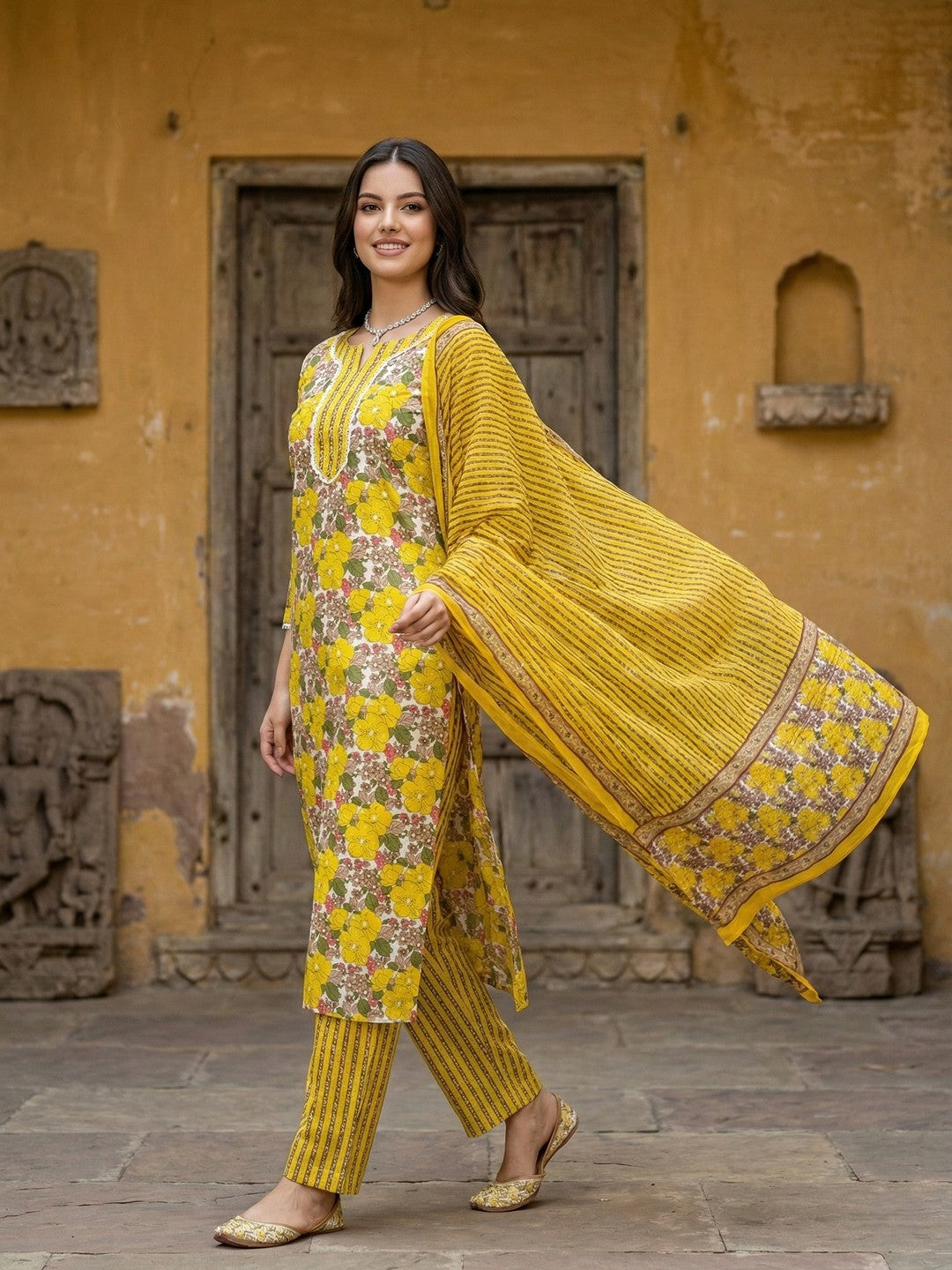 Jaitpuriya Yellow And White Pure Cotton Straight Regular Kurta Set