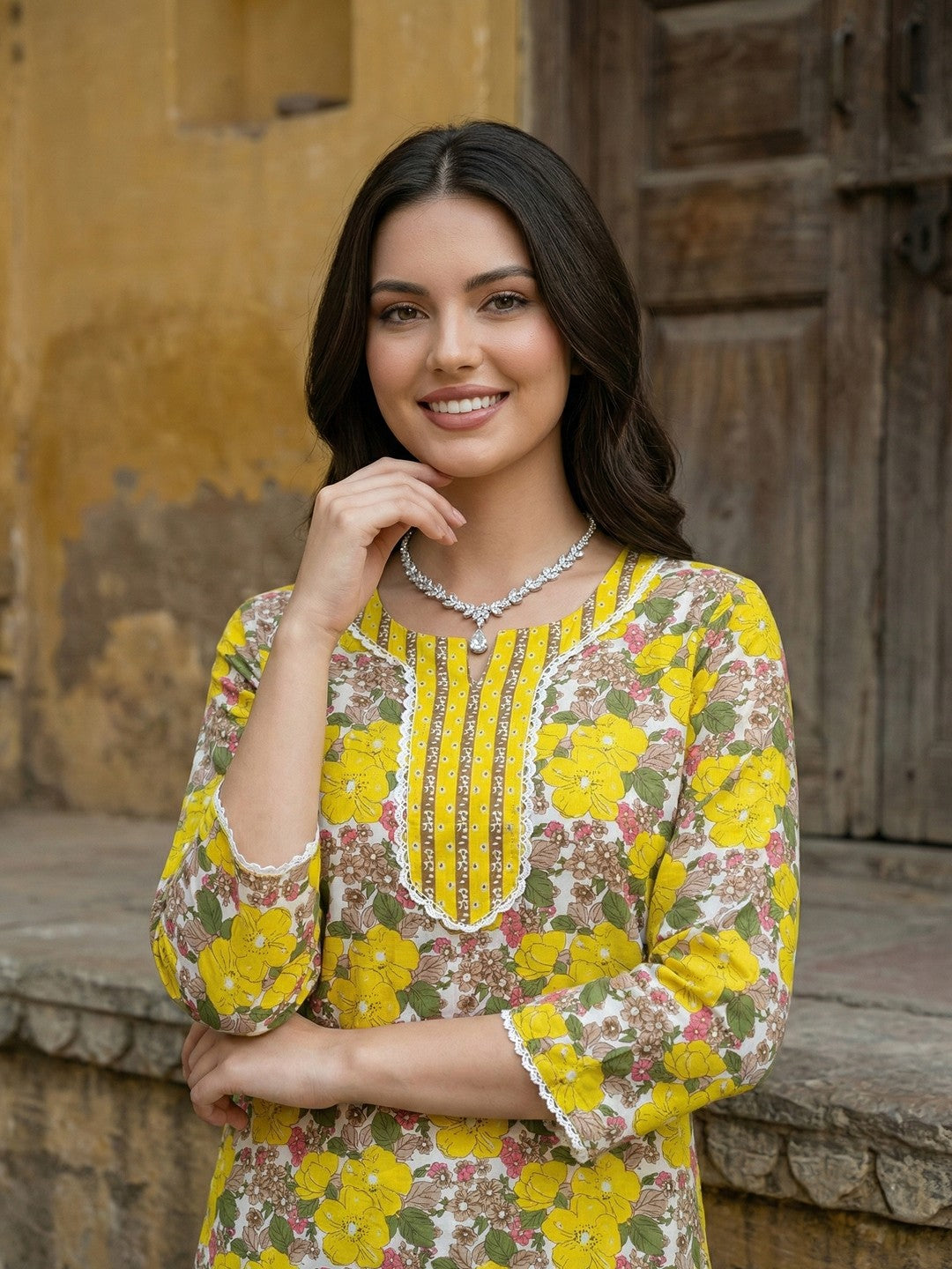 Jaitpuriya Yellow And White Pure Cotton Straight Regular Kurta Set