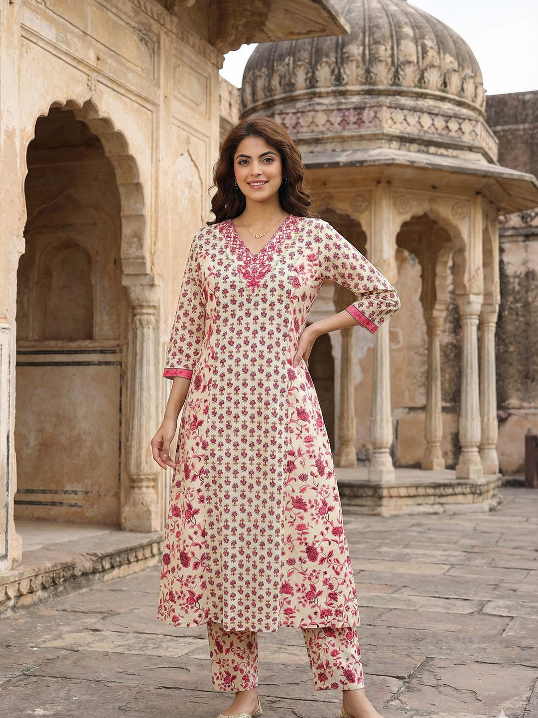 Jaitpuriya Pink And White Pure Cotton A-line Regular Kurta Set