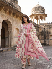 Jaitpuriya Pink And White Pure Cotton A-line Regular Kurta Set