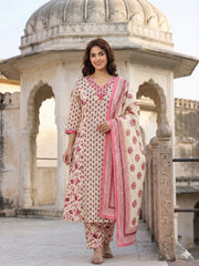 Jaitpuriya Pink And White Pure Cotton A-line Regular Kurta Set
