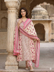 Jaitpuriya Pink And White Pure Cotton A-line Regular Kurta Set