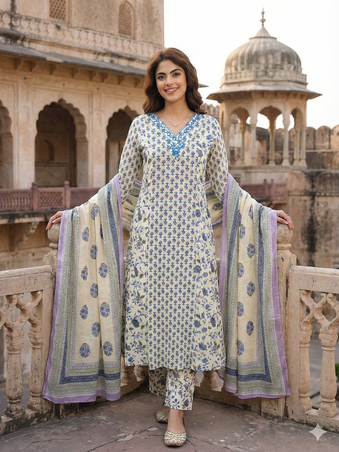 Jaitpuriya Blue And White Pure Cotton A-line Regular Kurta Set