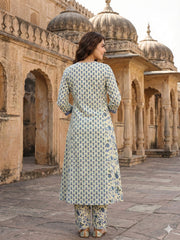 Jaitpuriya Blue And White Pure Cotton A-line Regular Kurta Set