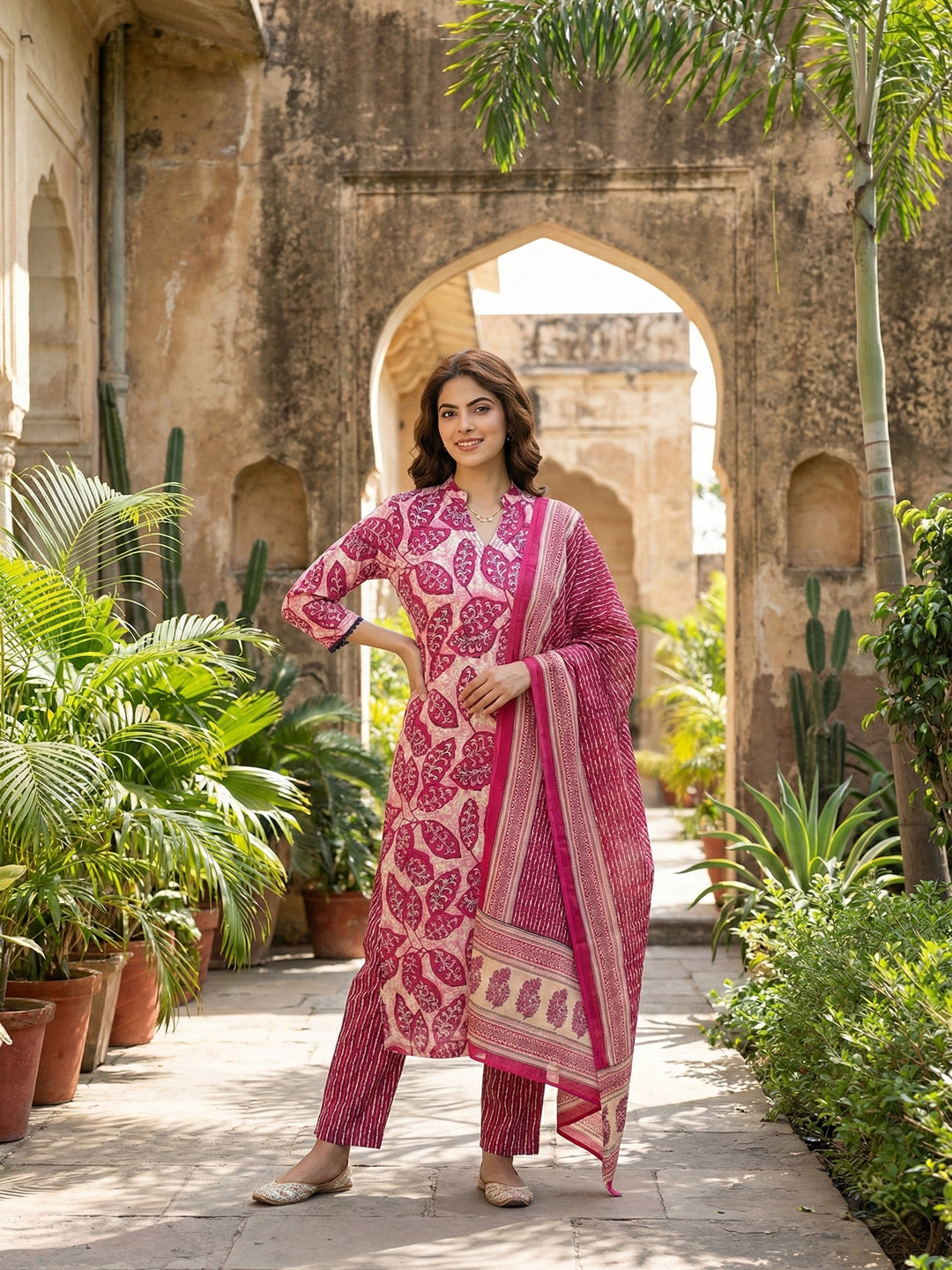 Jaitpuriya Pink Pure Cotton Straight Regular Kurta Set