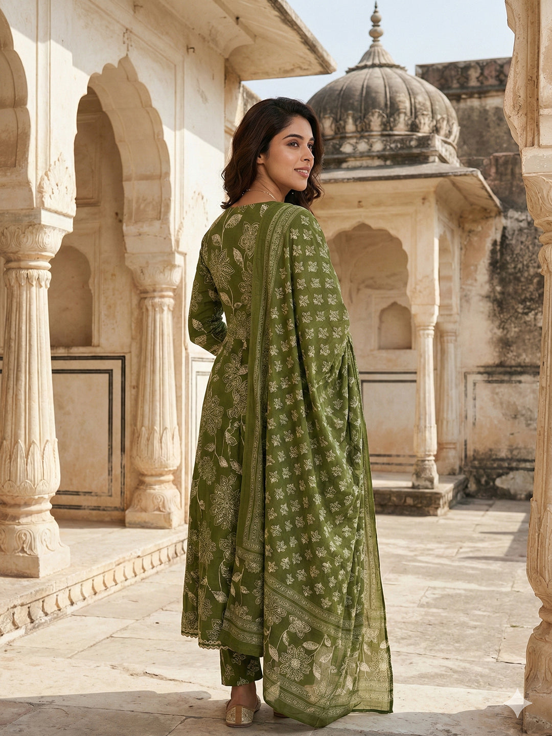 Jaitpuriya Green Pure Cotton Anarkali Angrakha Kurta Set