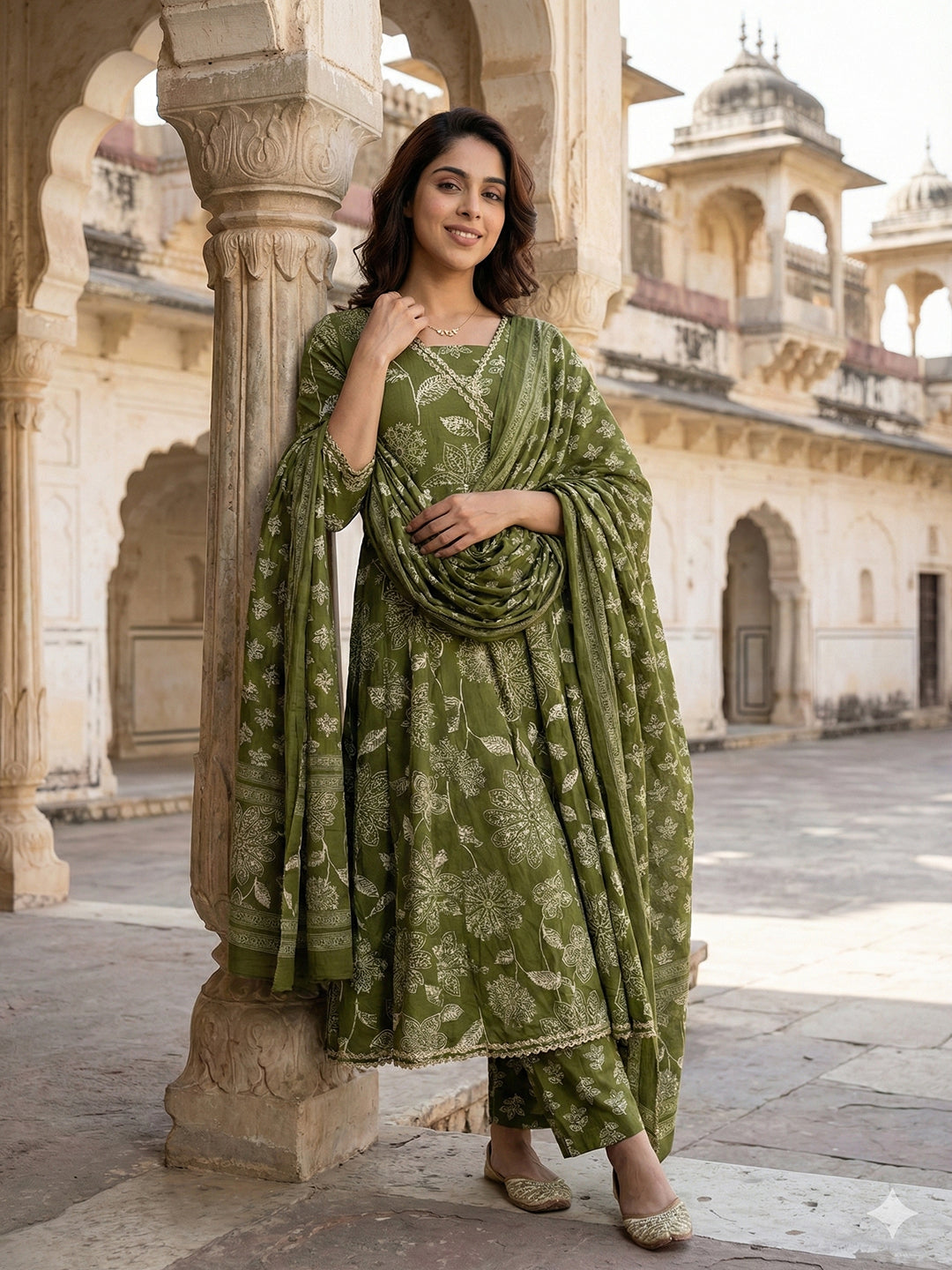 Jaitpuriya Green Pure Cotton Anarkali Angrakha Kurta Set